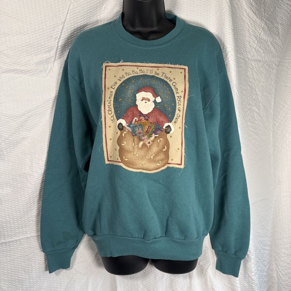 Vintage 90s Jerzees Christmas Santa Sweatshirt Green Medium Made In USA